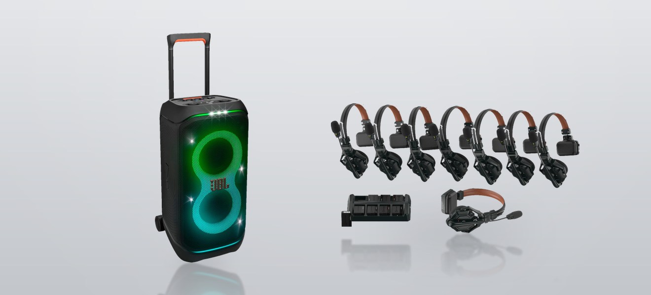 PA speakers, mixer, wireless intercom and microphones