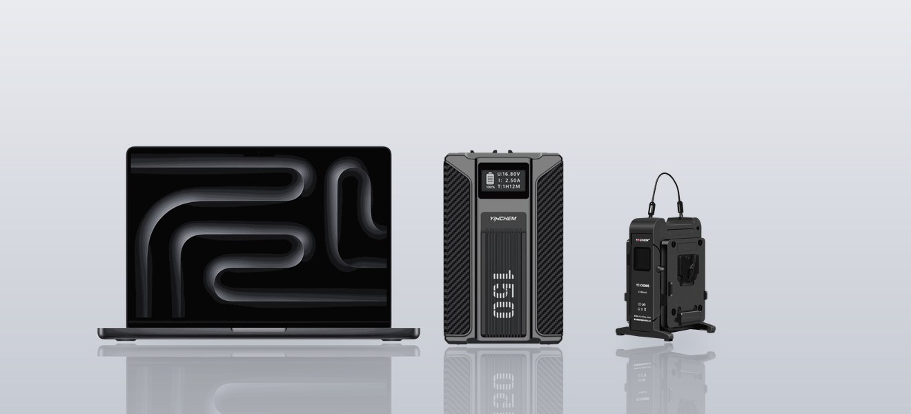 V-mount batteries, charger and DIT laptop