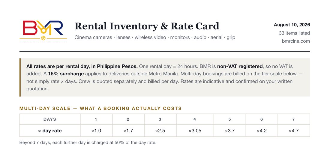 First page of the BMR rental inventory and rate card