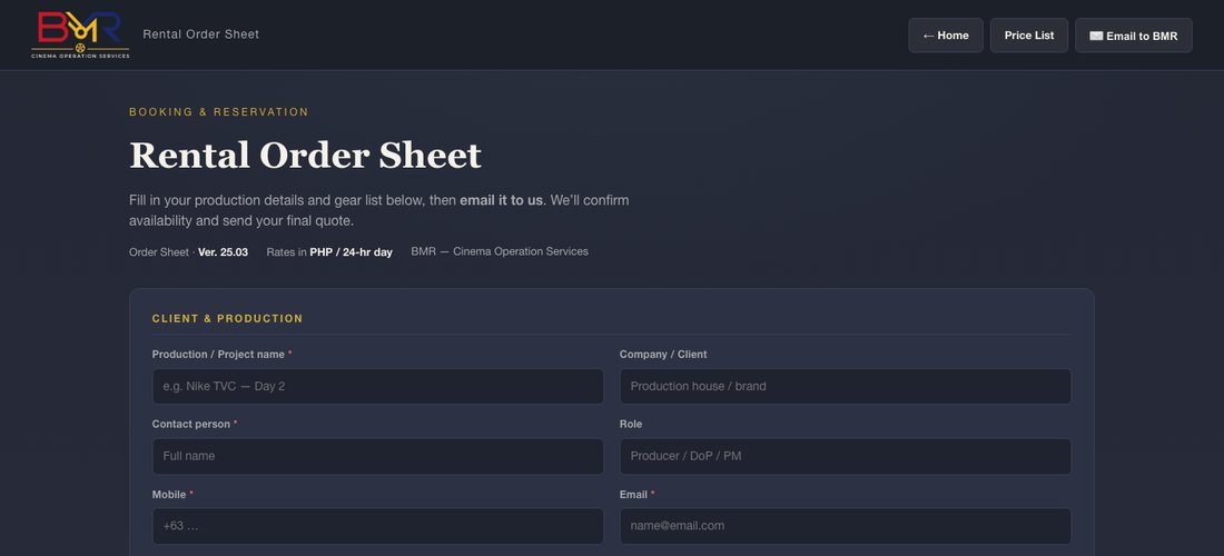 BMR rental order sheet