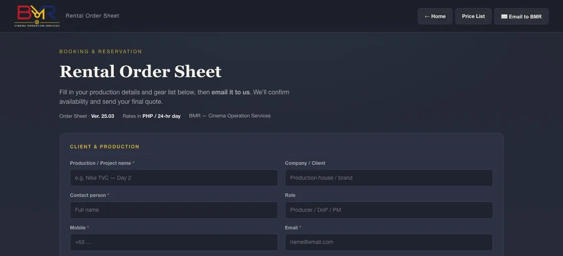 BMR rental order sheet